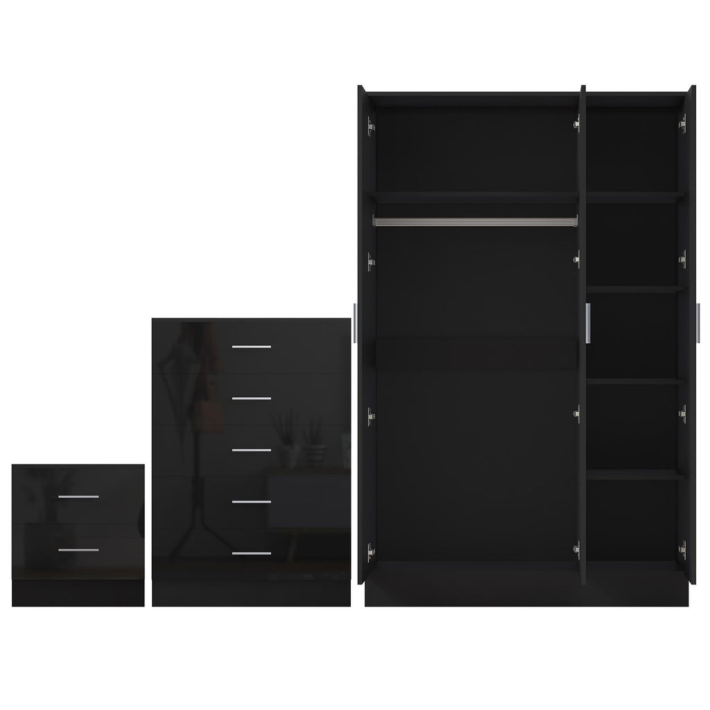 REFLECT Gloss 3pc Set - 3 Door Mirrored Wardrobe + 5 Draw Chest + Bedside