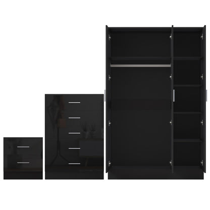 REFLECT Gloss 3pc Set - 3 Door Mirrored Wardrobe + 5 Draw Chest + Bedside