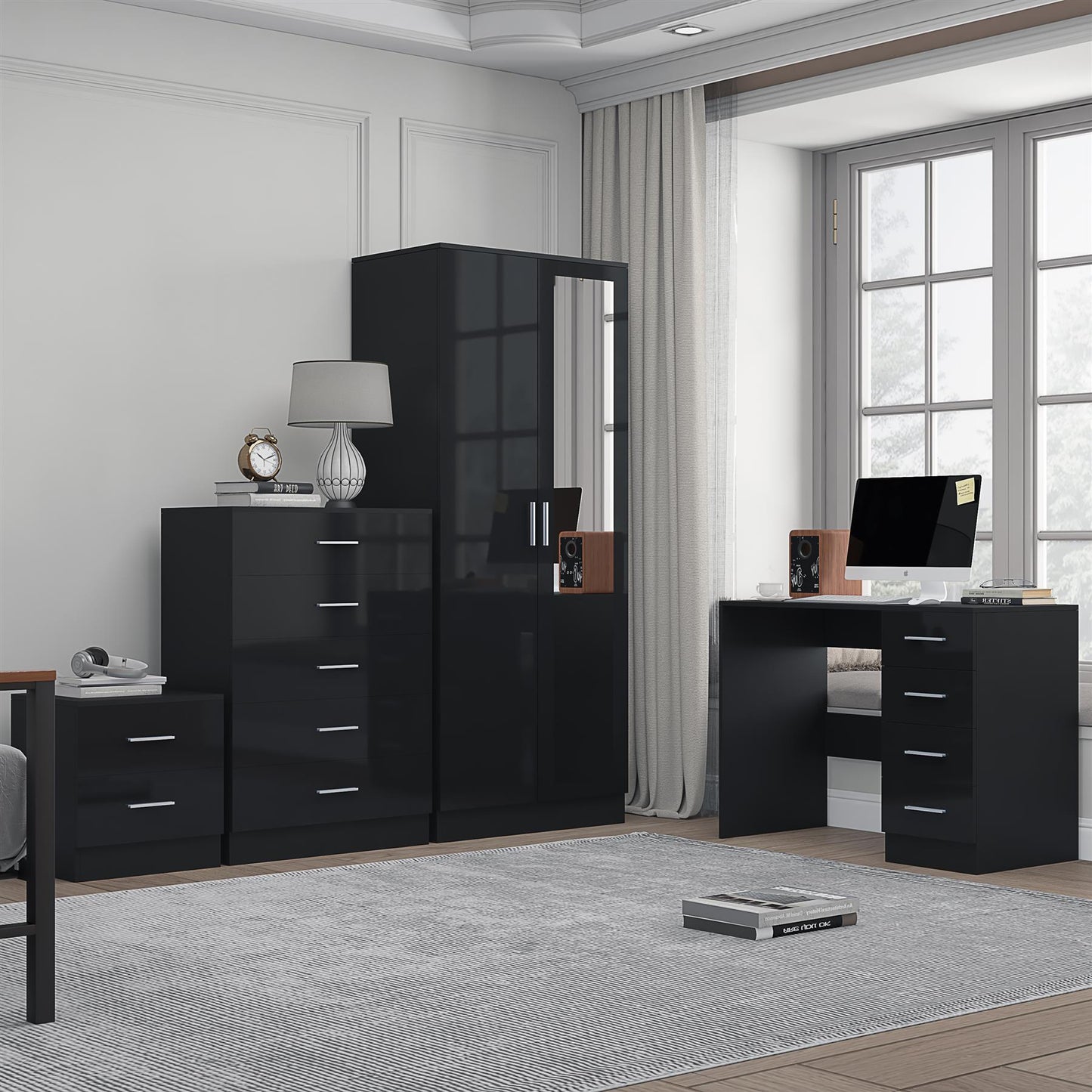 REFLECT Gloss 4pc Set - 2 Door Mirrored Wardrobe + 5 Draw Chest + Bedside + Desk