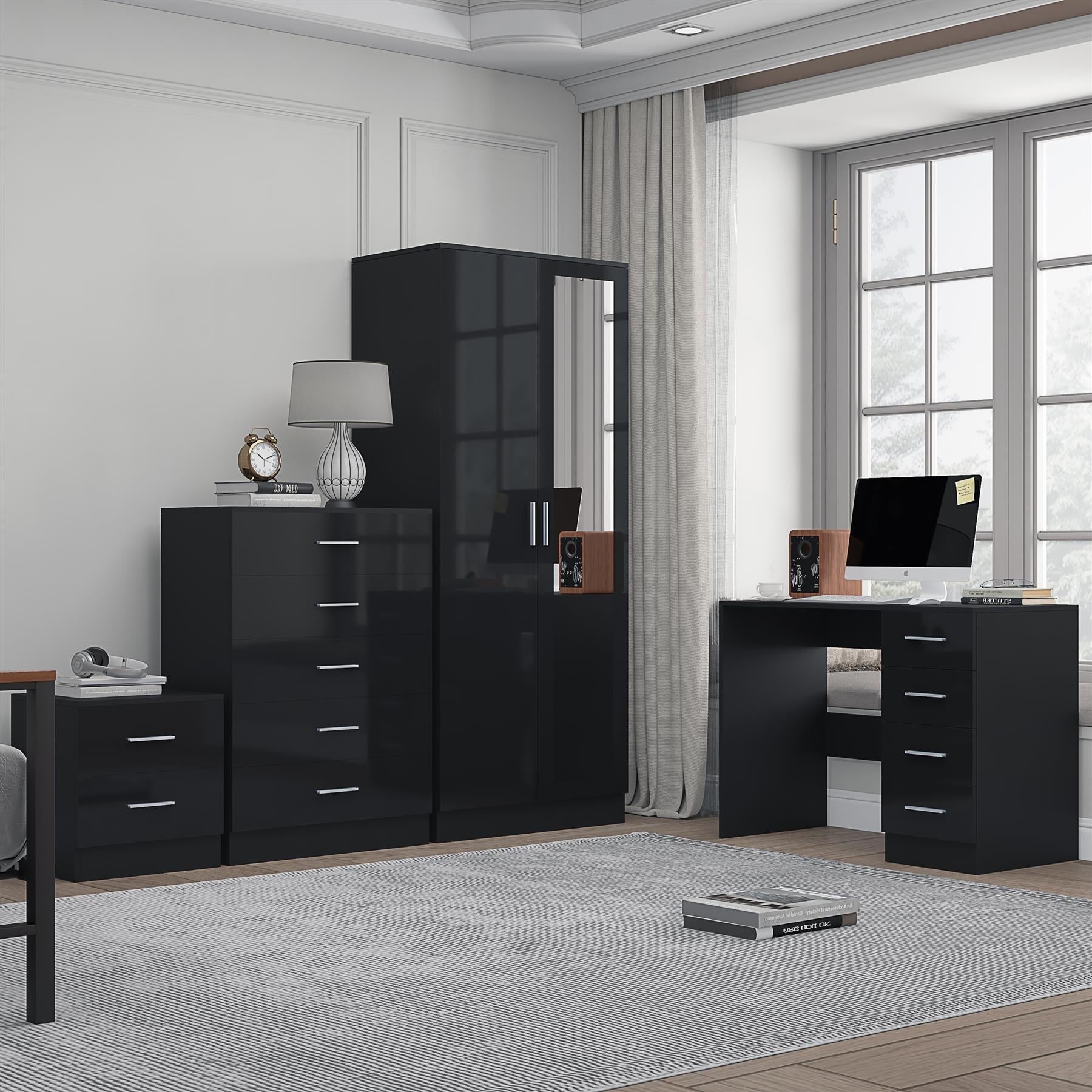 Reflect 2 Door Mirror Wardrobe, 5 Drawer Chest, 2 Drawer Bedside & Desk - Black Gloss & Black Oak - Modern Bedroom Furniture Set