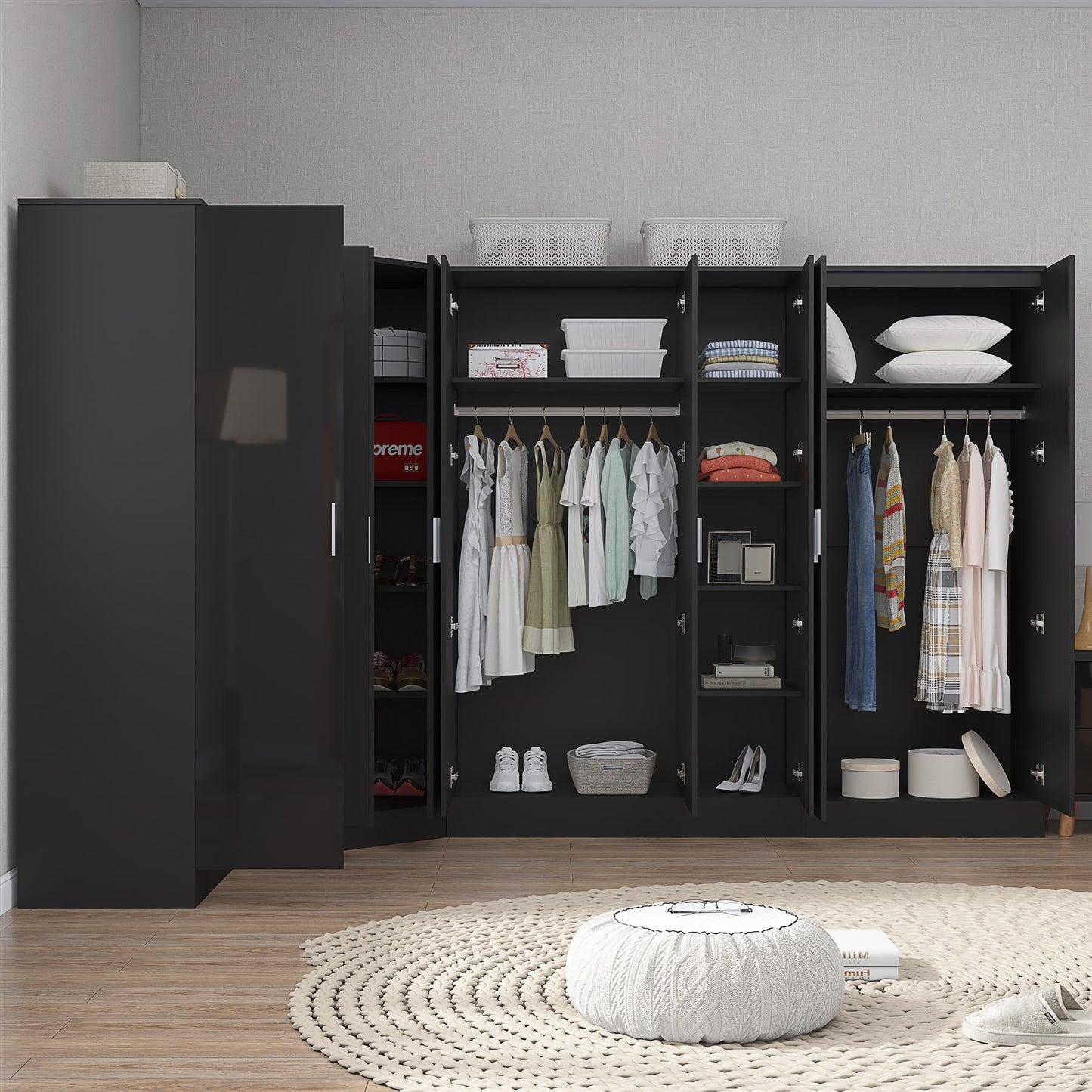 Reflect 4pc Wardrobe Bundle - 2 Door Corner + 3 Door Plain + 2x 2 Door Plain - Black Gloss & Black Oak