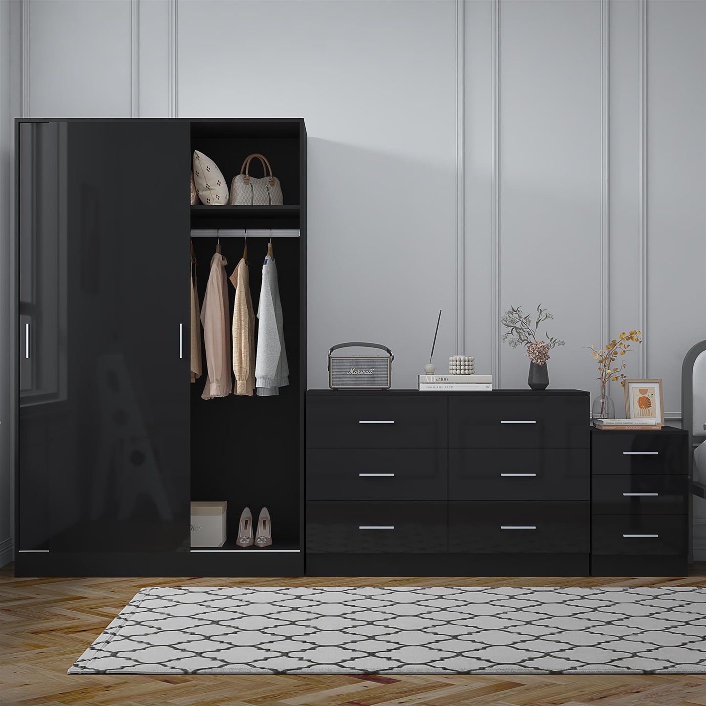 REFLECT Gloss 3pc Set - 2 Door Sliding Wardrobe + Wide Chest + Tall Bedside