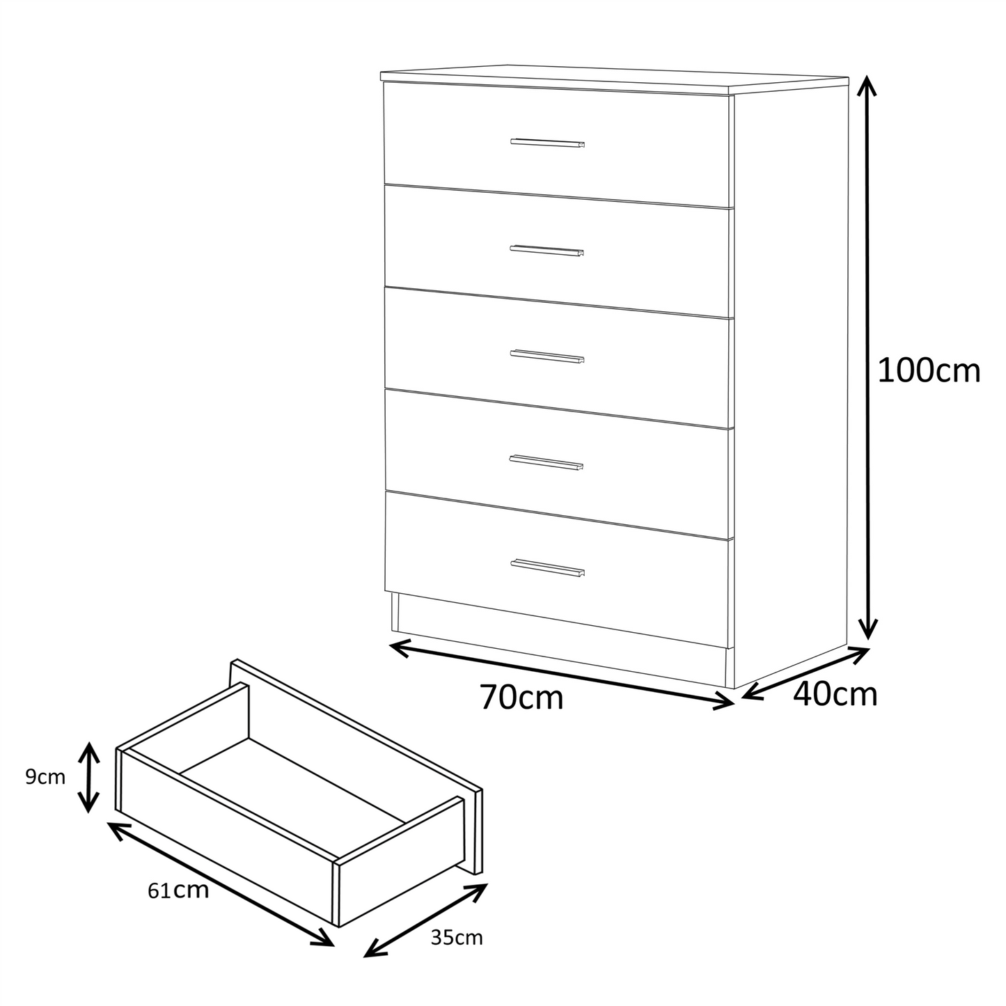 REFLECT Gloss 3pc Bedroom Set - 1 Door Wardrobe + 5 Draw Chest + Bedside