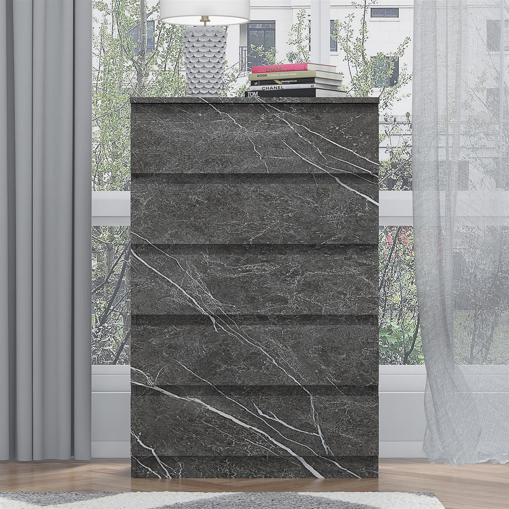 ZITA Grey Marble Effect 5 Drawer Chest - Modern Storage Unit, Stylish Bedroom Storage