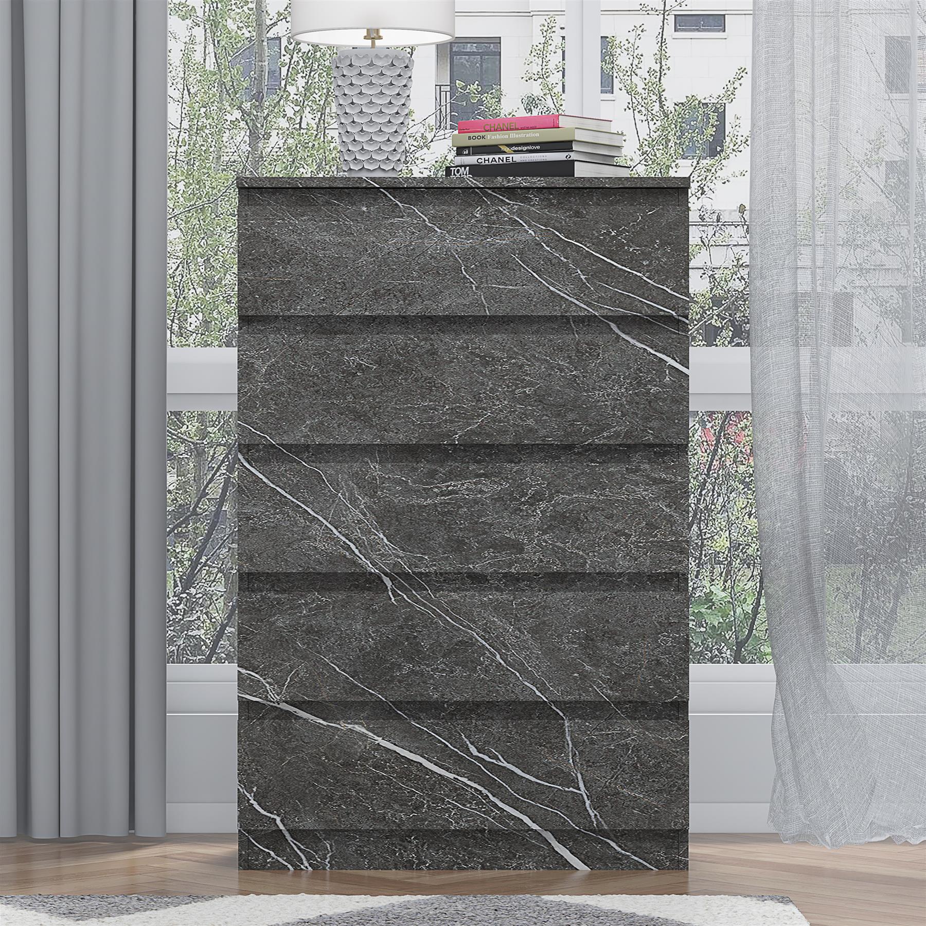 ZITA Grey Marble Effect 5 Drawer Chest - Modern Storage Unit, Stylish Bedroom Storage