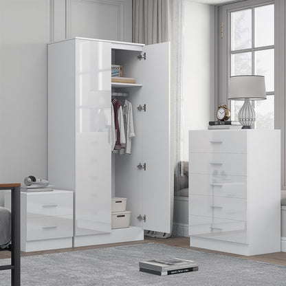 Reflect 2 Door Plain Wardrobe, 5 Drawer Chest, 2 Drawer Bedside - White Gloss & Matt White - Modern Bedroom Furniture Set