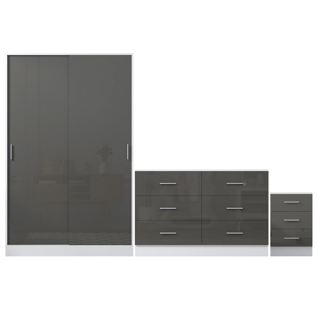 REFLECT Gloss 3pc Set - 2 Door Sliding Wardrobe + Wide Chest + Tall Bedside