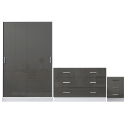 REFLECT Gloss 3pc Set - 2 Door Sliding Wardrobe + Wide Chest + Tall Bedside