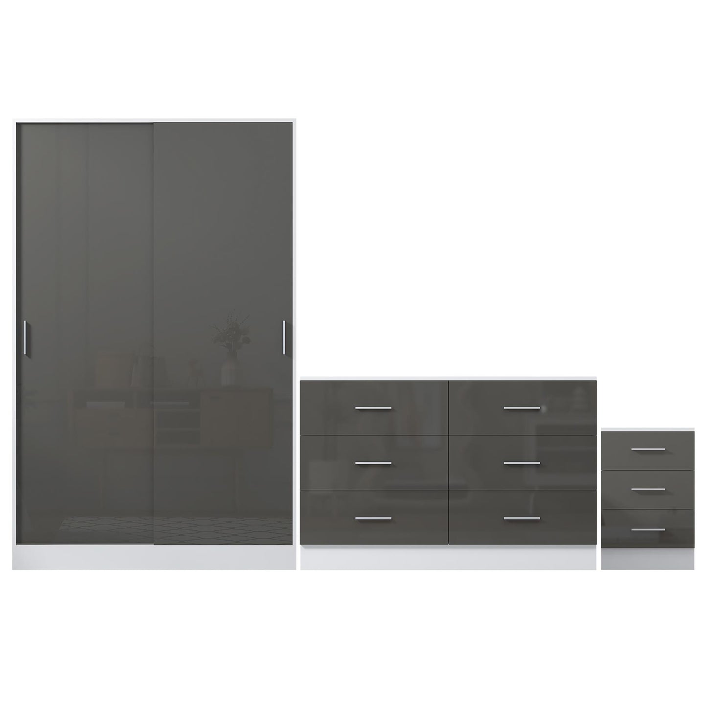 Reflect 2 Door Sliding Wardrobe, 6 Drawer Wide Chest, 3 Drawer Bedside - Grey Gloss & Matt White - Modern Bedroom Furniture Set