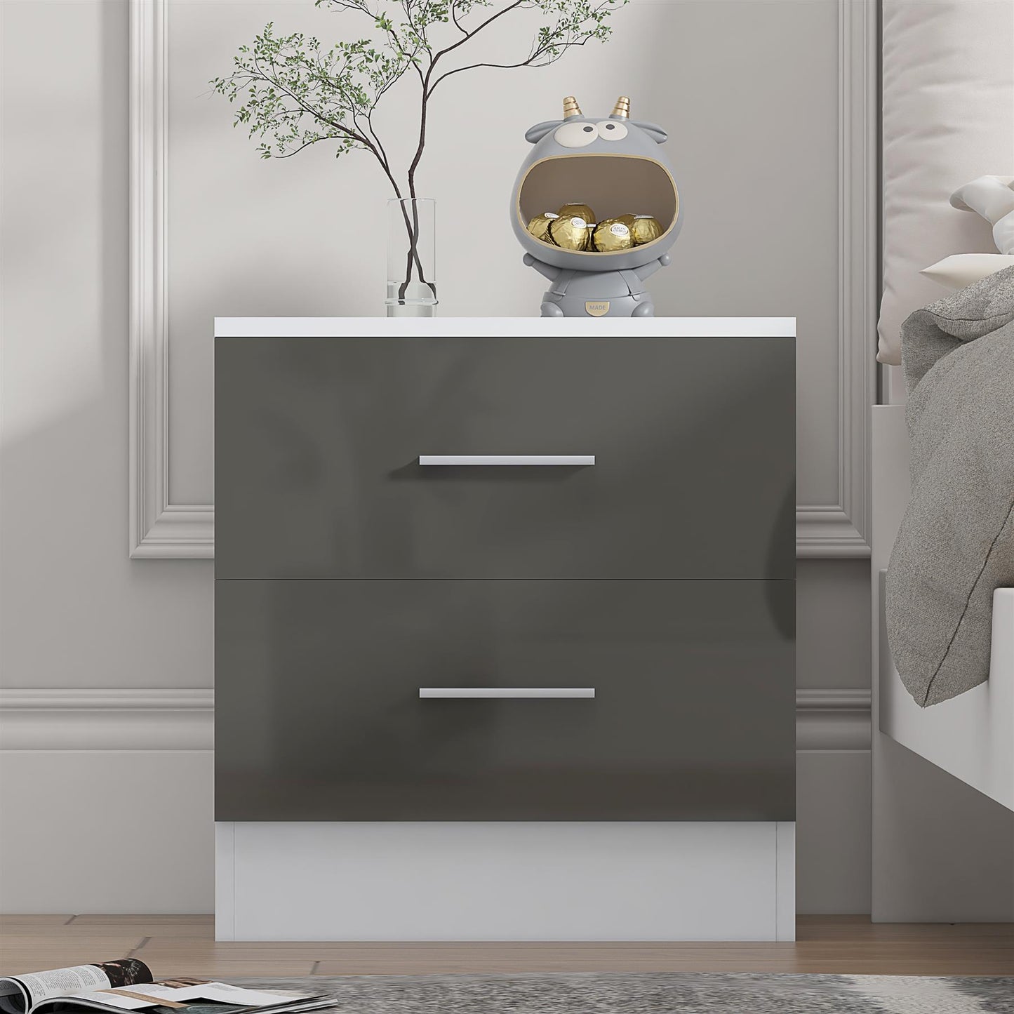 Reflect 2 Drawer Bedside - Grey Gloss & Matt White - Modern Nightstand for Bedroom Storage