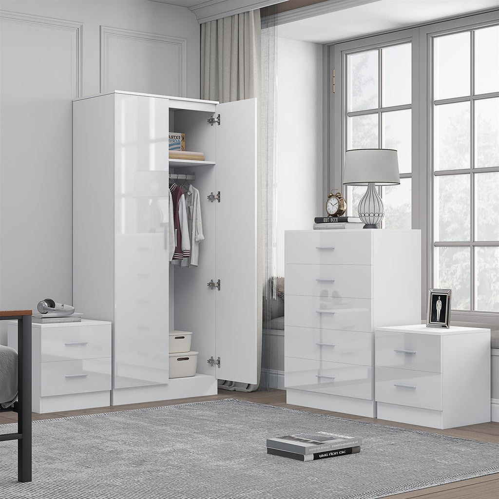 REFLECT Gloss 4pc Set - 2 Door Mirrored Wardrobe + 5 Draw Chest + 2 Bedsides