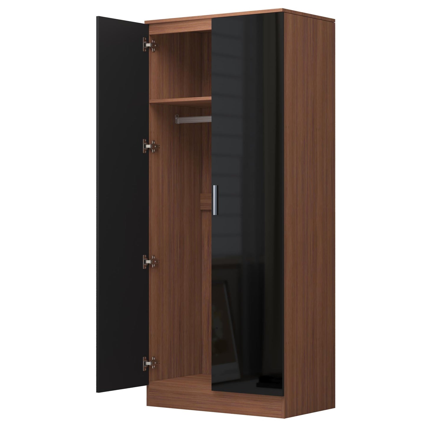 REFLECT High Gloss Bedroom Furniture Wardrobe Chest Bedside Desk - Black/Walnut