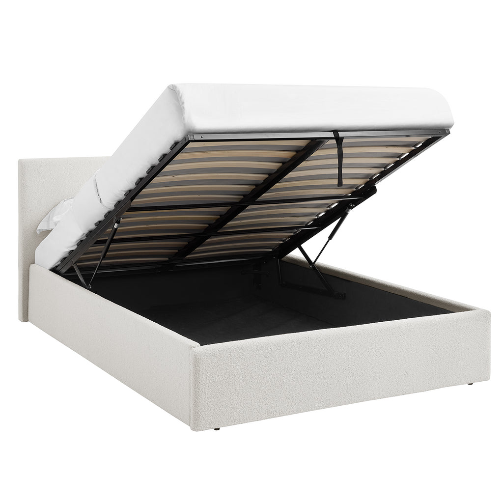 TEDDY BOUCLE 4FT6 Double White Ottoman Storage Bed Gas Lift Up with Bonnell Spring Mattress