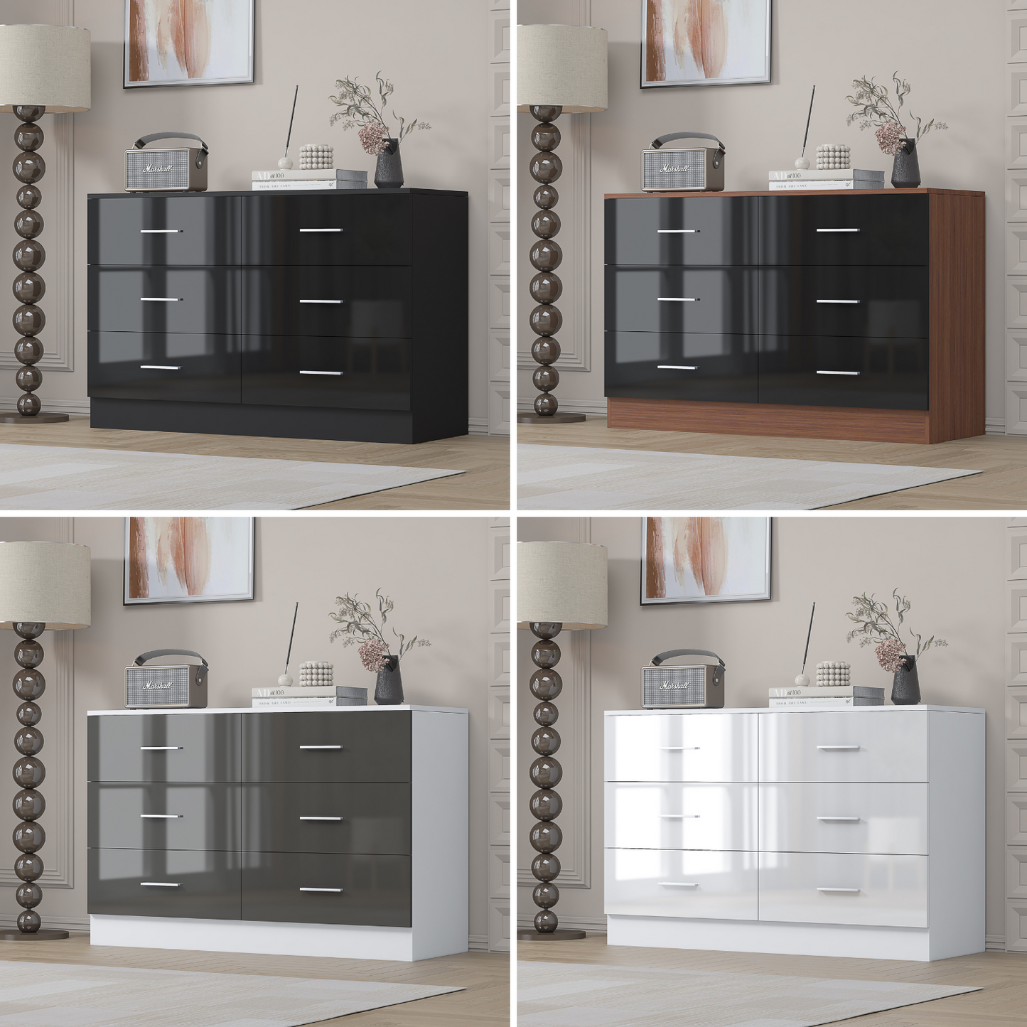 REFLECT Gloss Bedroom Furniture Wide 6 Drawer Chest of Drawers - 4 Colour Option