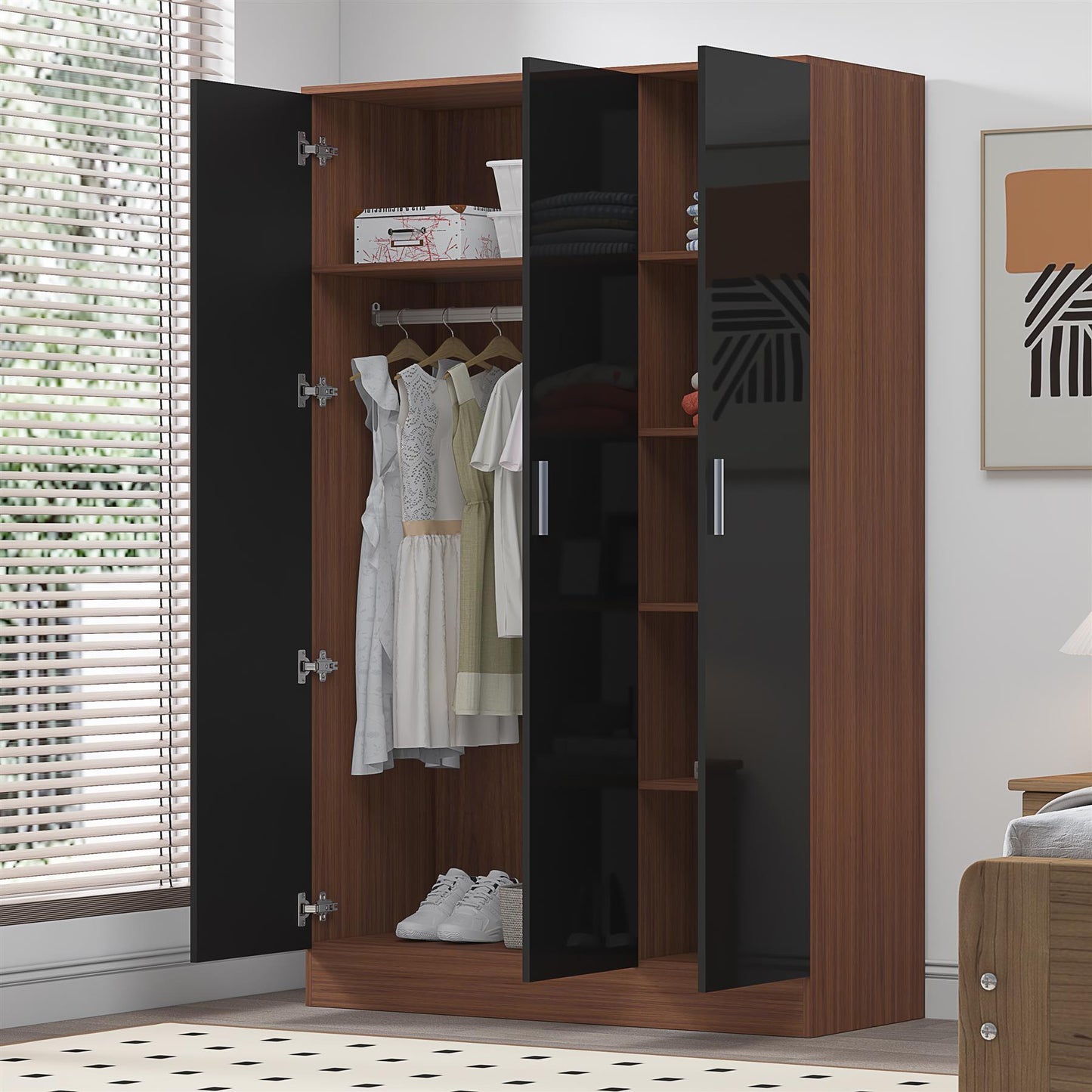 Reflect 3 Door Plain Wardrobe - Black Gloss & Walnut -Hanging Rail & 4 Shelves  - Modern Design