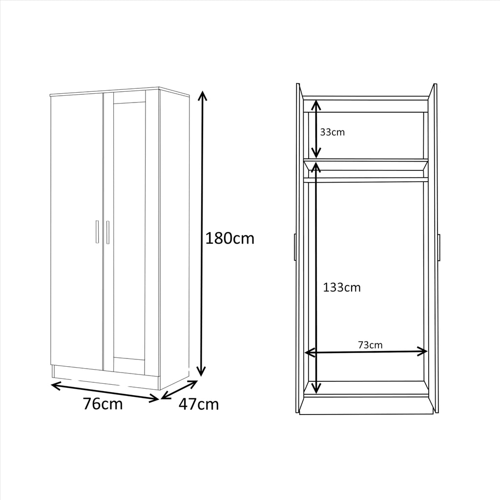 Reflect 2 Door Mirror Wardrobe, 5 Drawer Chest, 2 Drawer Bedside & Desk - Black Gloss & Black Oak - Modern Bedroom Furniture Set