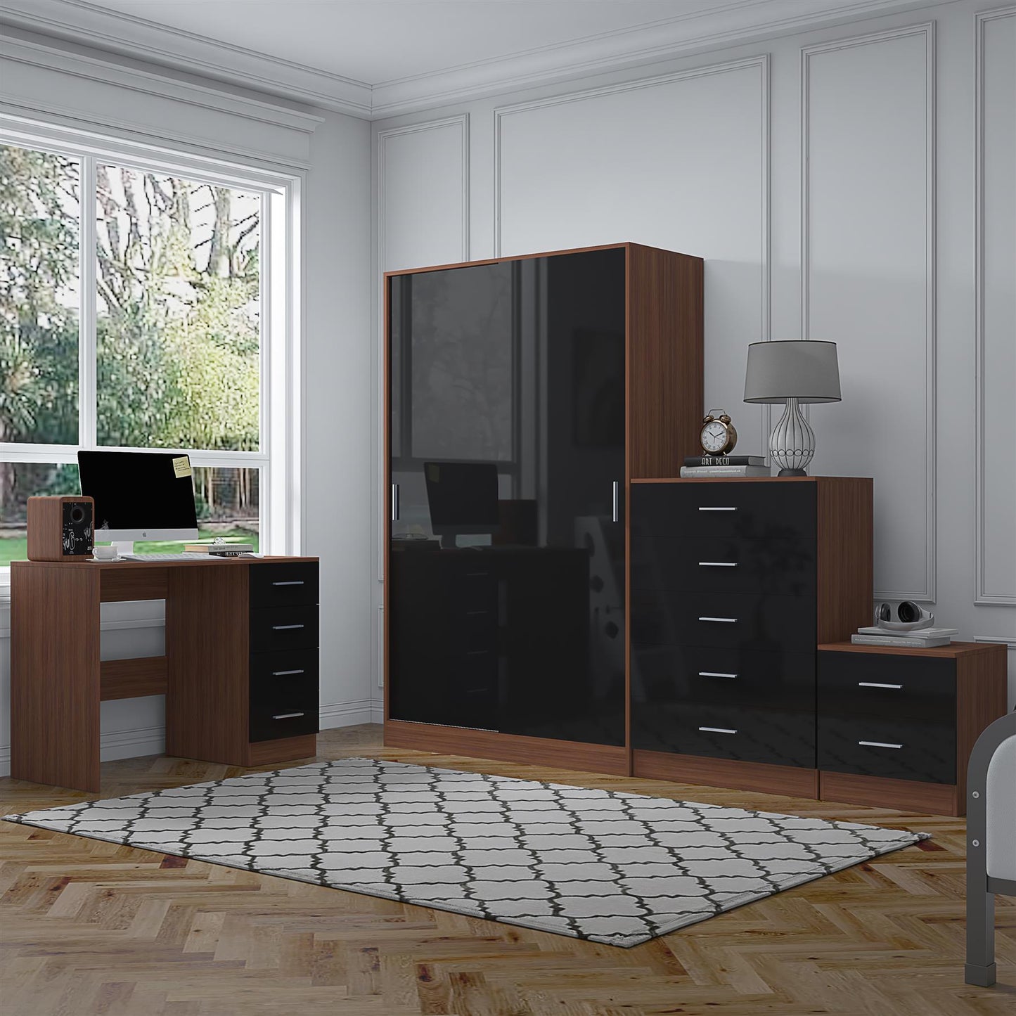 Reflect 2 Door Sliding Wardrobe, 5 Drawer Chest, 2 Drawer Bedside & Desk - Black Gloss & Walnut - Modern Bedroom Furniture Set