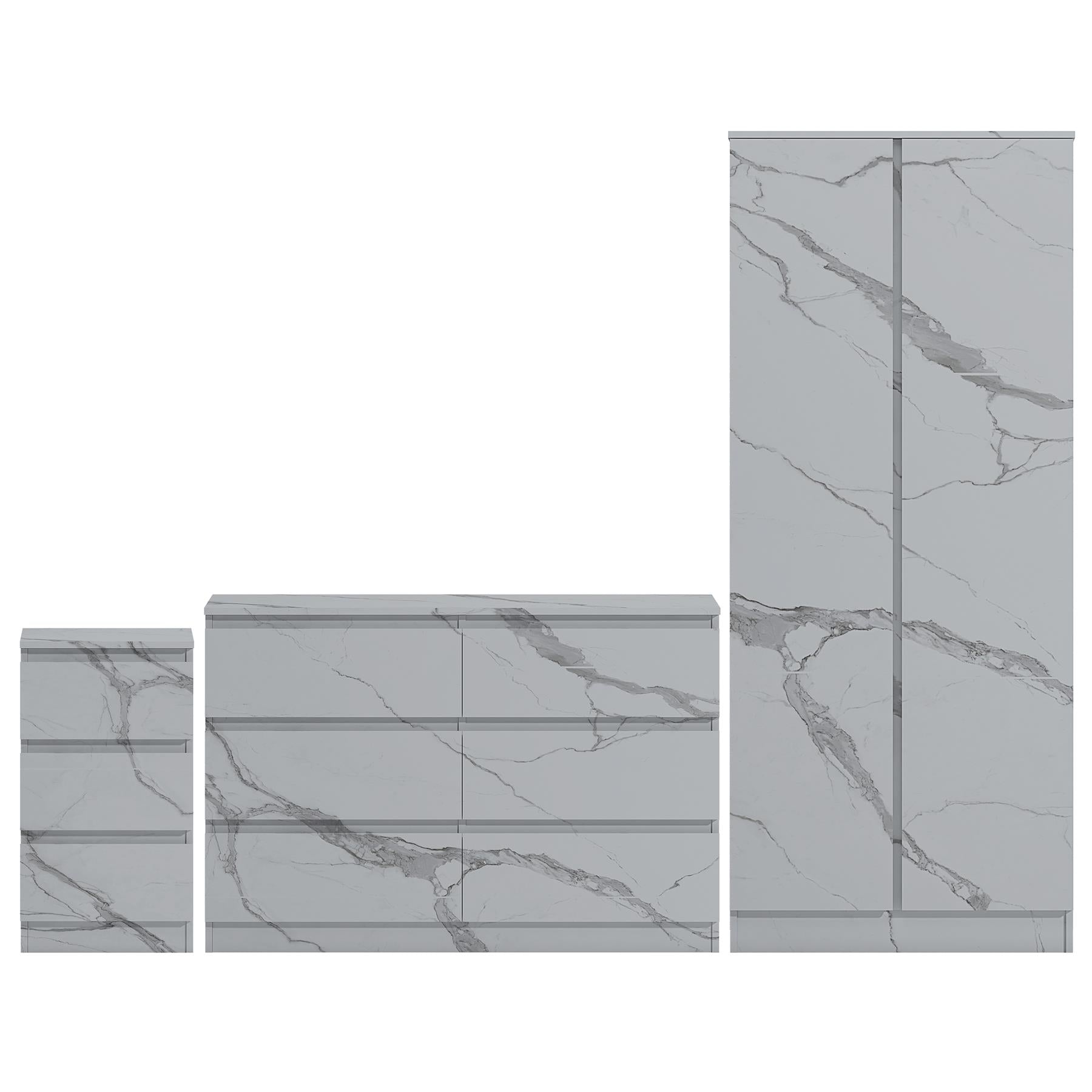 ZITA White Marble Effect 3 Piece Bedroom Set - 2 Door Wardrobe, 6 Drawer Chest & 3 Drawer Bedside, Stylish Bedroom Storage