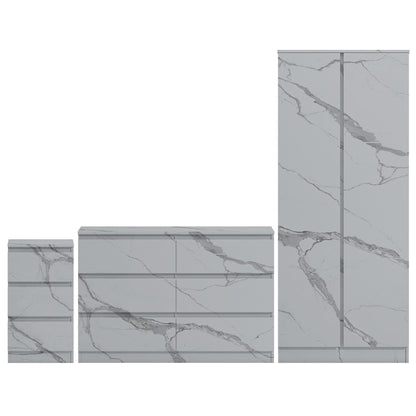ZITA White Marble Effect 3 Piece Bedroom Set - 2 Door Wardrobe, 6 Drawer Chest & 3 Drawer Bedside, Stylish Bedroom Storage