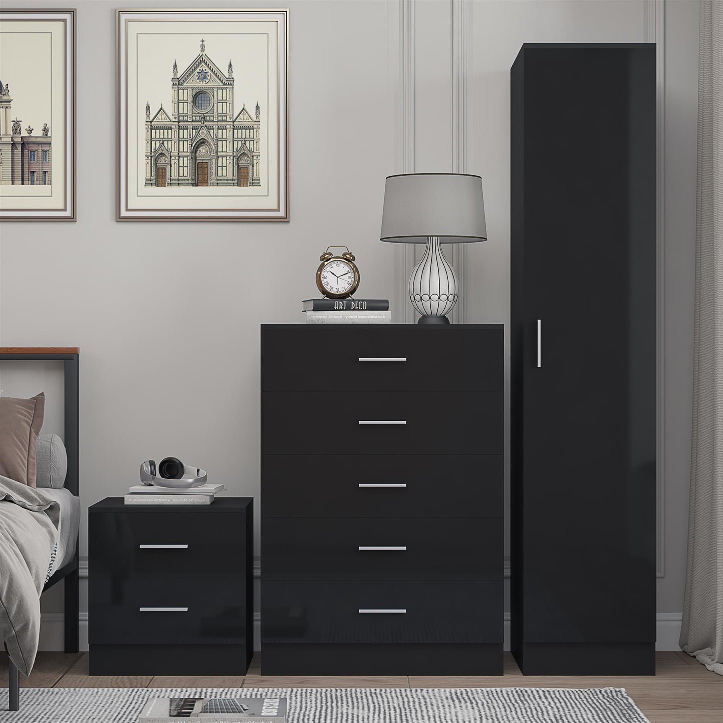 REFLECT Gloss 3pc Bedroom Set - 1 Door Wardrobe + 5 Draw Chest + Bedside