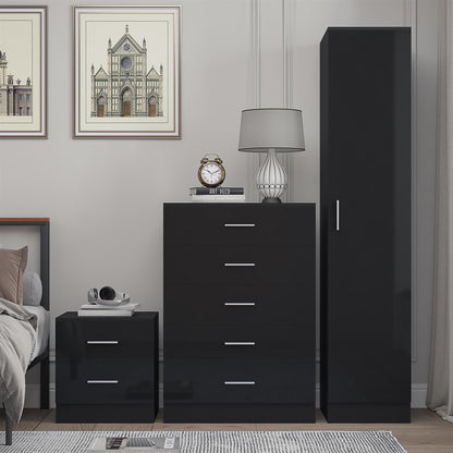 Reflect 1 Door Plain Wardrobe, 5 Drawer Chest, 2 Drawer Bedside - Black Gloss & Black Oak - Bedroom Furniture Set