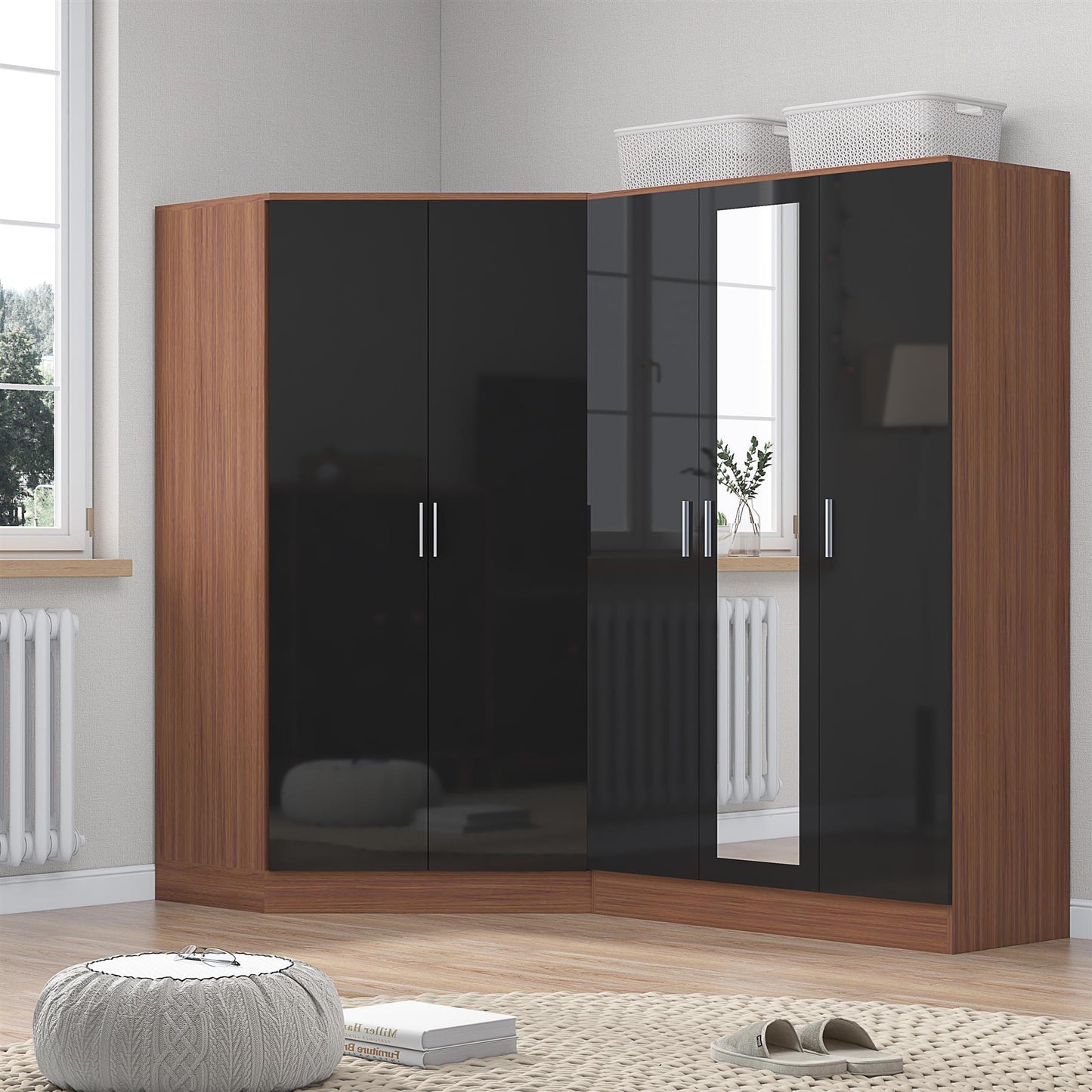 Reflect 2pc Wardrobe Bundle - 2 Door Corner + 3 Door Mirror - Black Gloss & Walnut