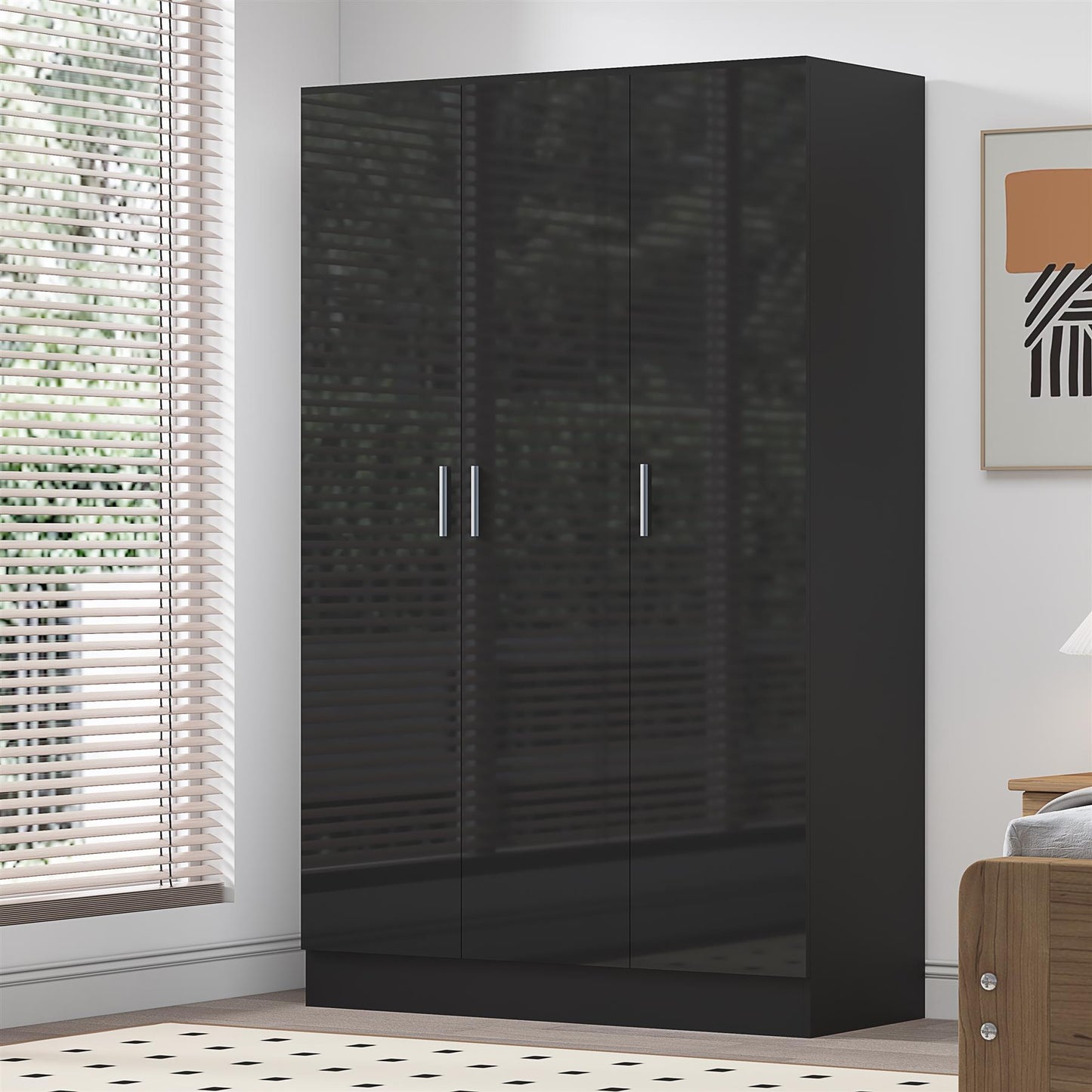 Reflect 3 Door Plain Wardrobe - Black Gloss & Black Oak - Hanging Rail & 4 Shelves - Modern Design