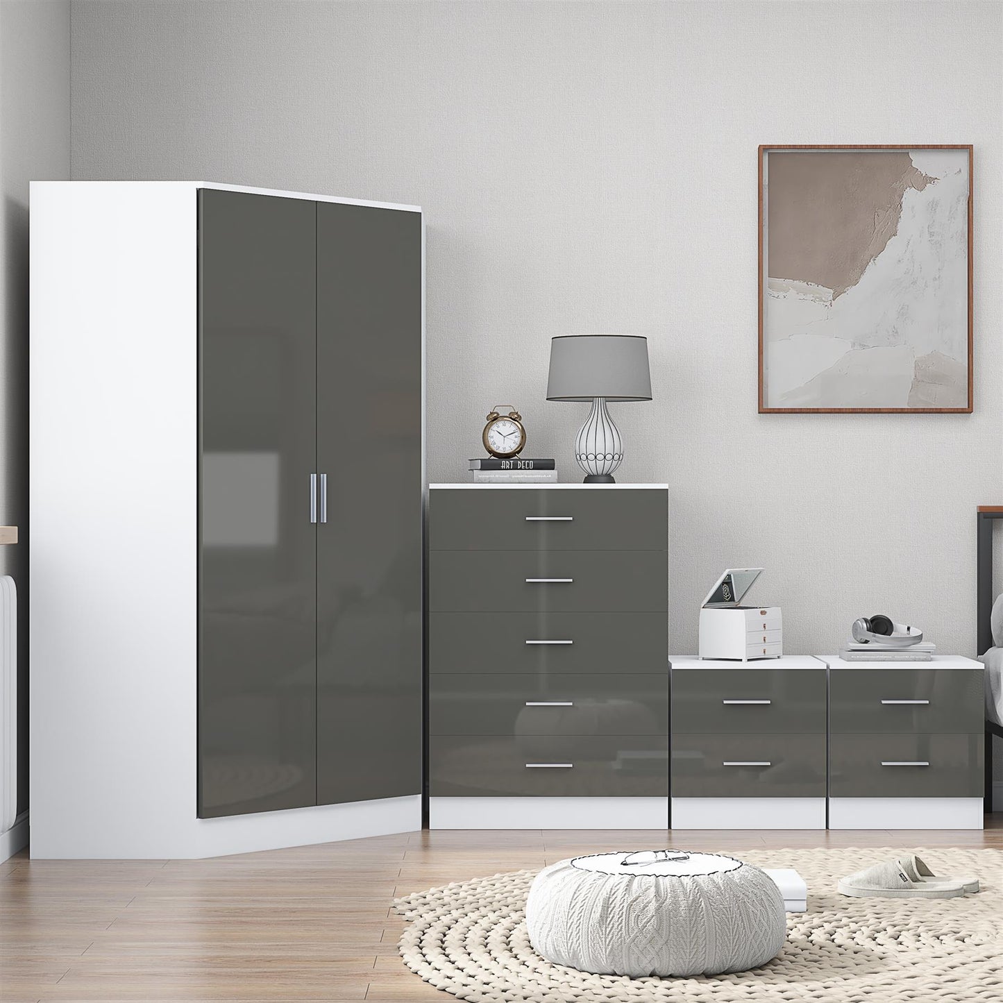 REFLECT Gloss 4pc Set - 2 Door Corner Wardrobe + 5 Draw Chest + 2 Bedsides