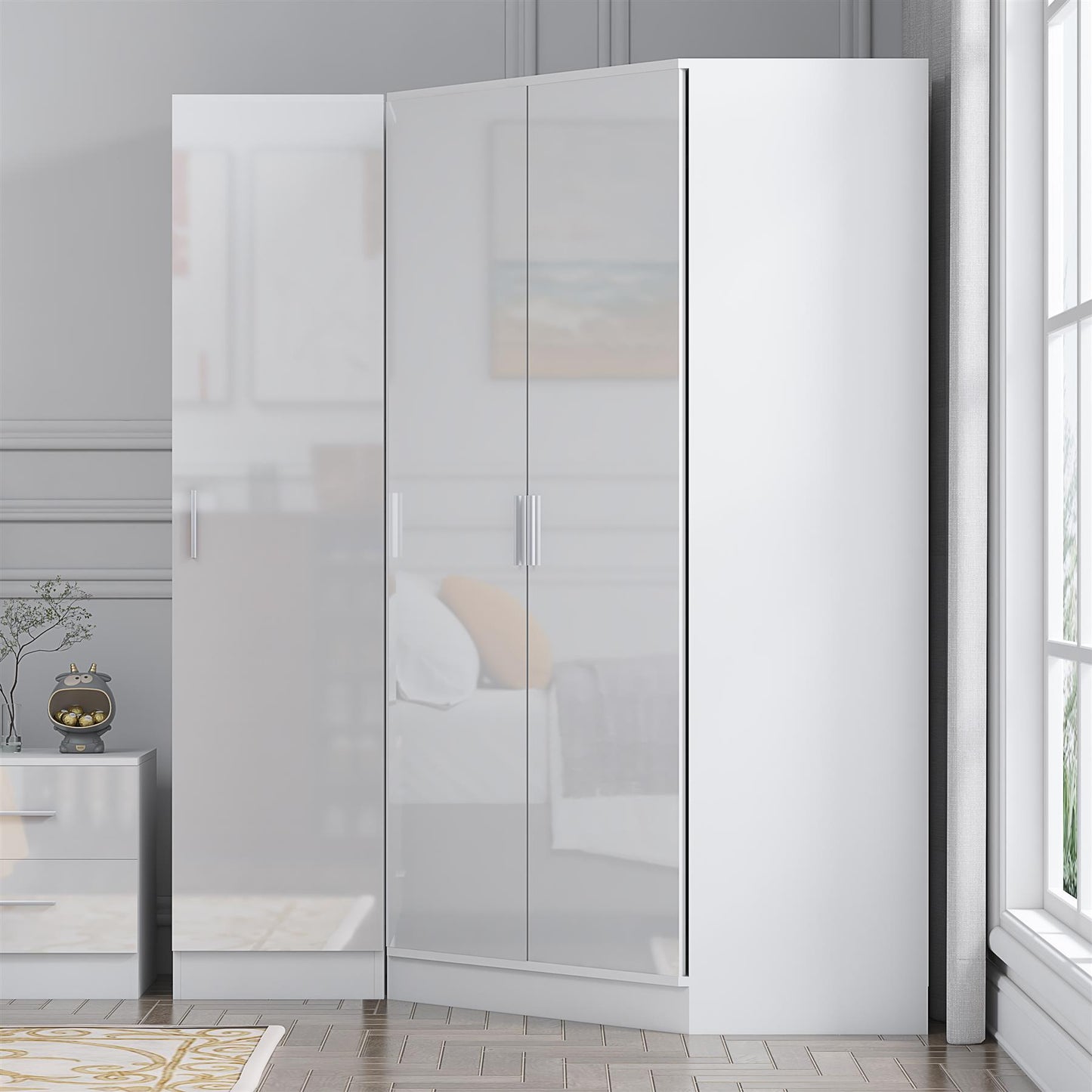 Reflect 2pc Wardrobe Bundle - 2 Door Corner + 1 Door Plain - White Gloss & Matt White