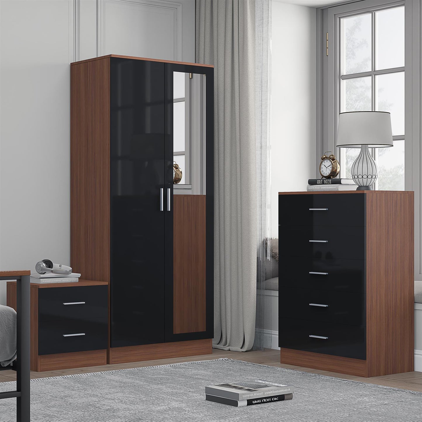 REFLECT Gloss 3pc Set - 2 Door Mirrored Wardrobe + 5 Draw Chest + Bedside