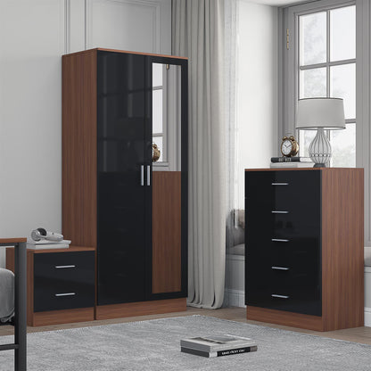 Reflect 2 Door Mirror Wardrobe, 5 Drawer Chest, 2 Drawer Bedside - Black Gloss & Walnut - Modern Bedroom Furniture Set