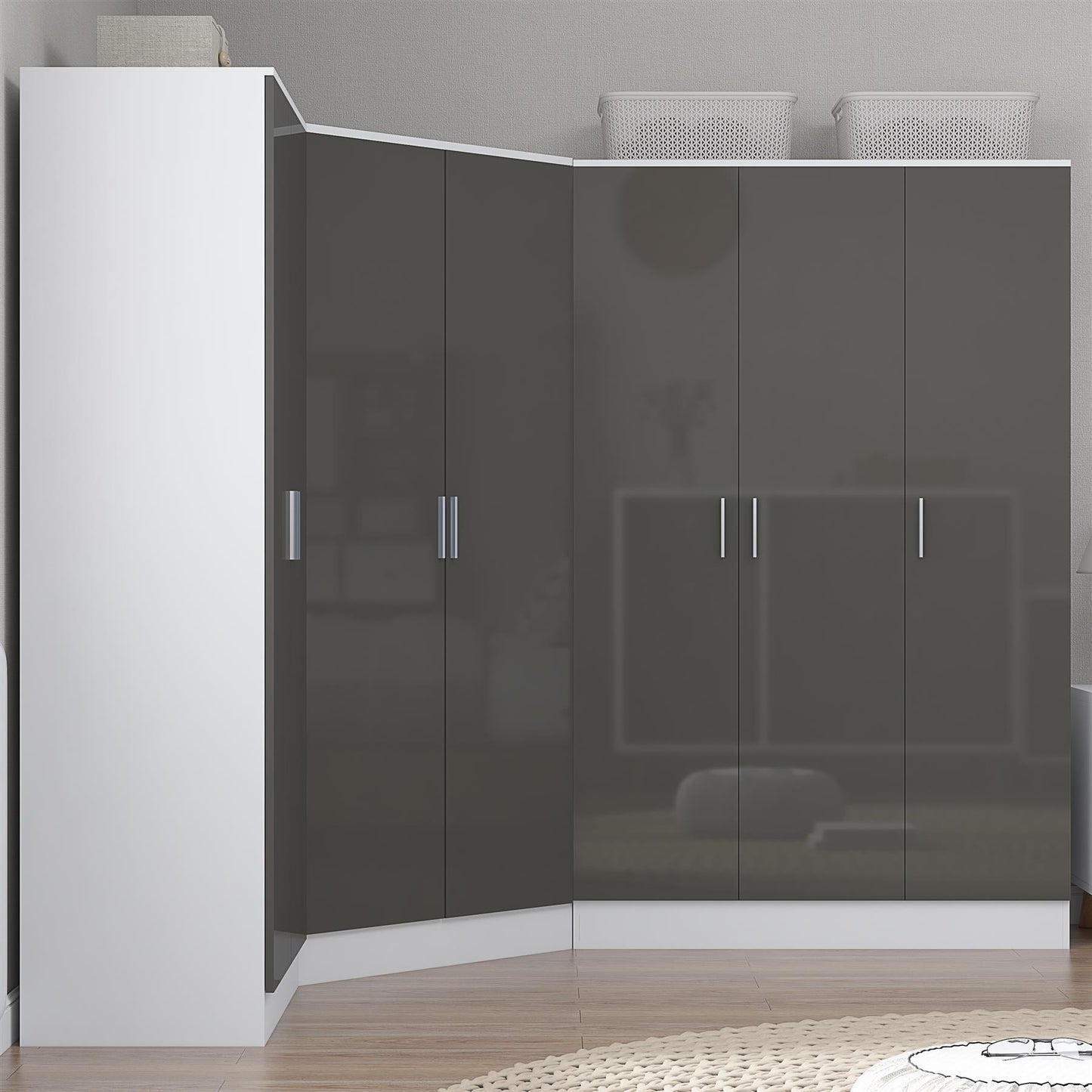 Reflect 4pc Wardrobe Bundle - 2 Door Corner + 3 Door Plain + 2 Door Plain - Grey Gloss & Matt White