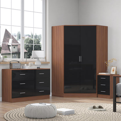 Reflect 2 Door Corner Wardrobe, 6 Drawer Chest, 3 Drawer Bedside - Black Gloss & Walnut - Bedroom Furniture Set