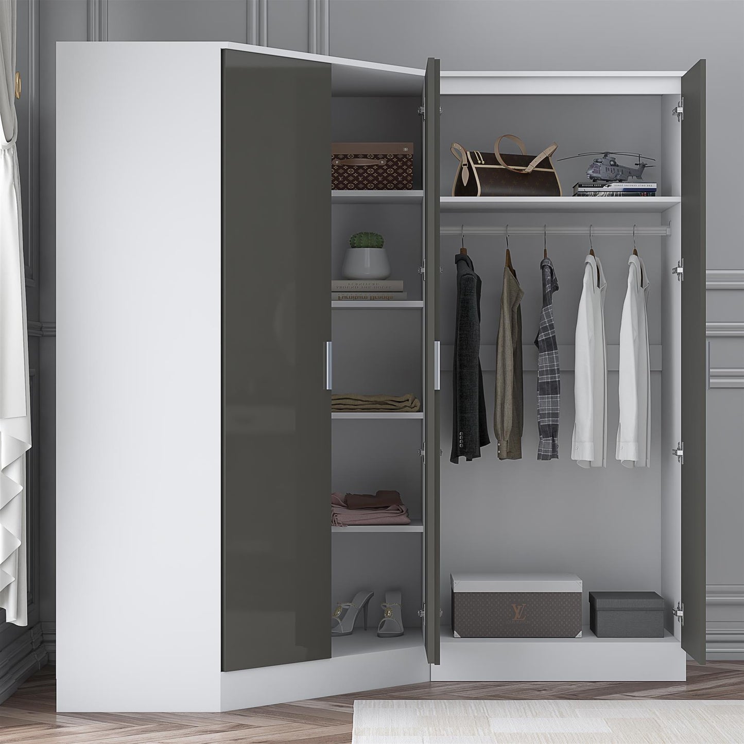 Reflect 2pc Wardrobe Bundle - 2 Door Corner + 2 Door Mirror - Grey Gloss & Matt White