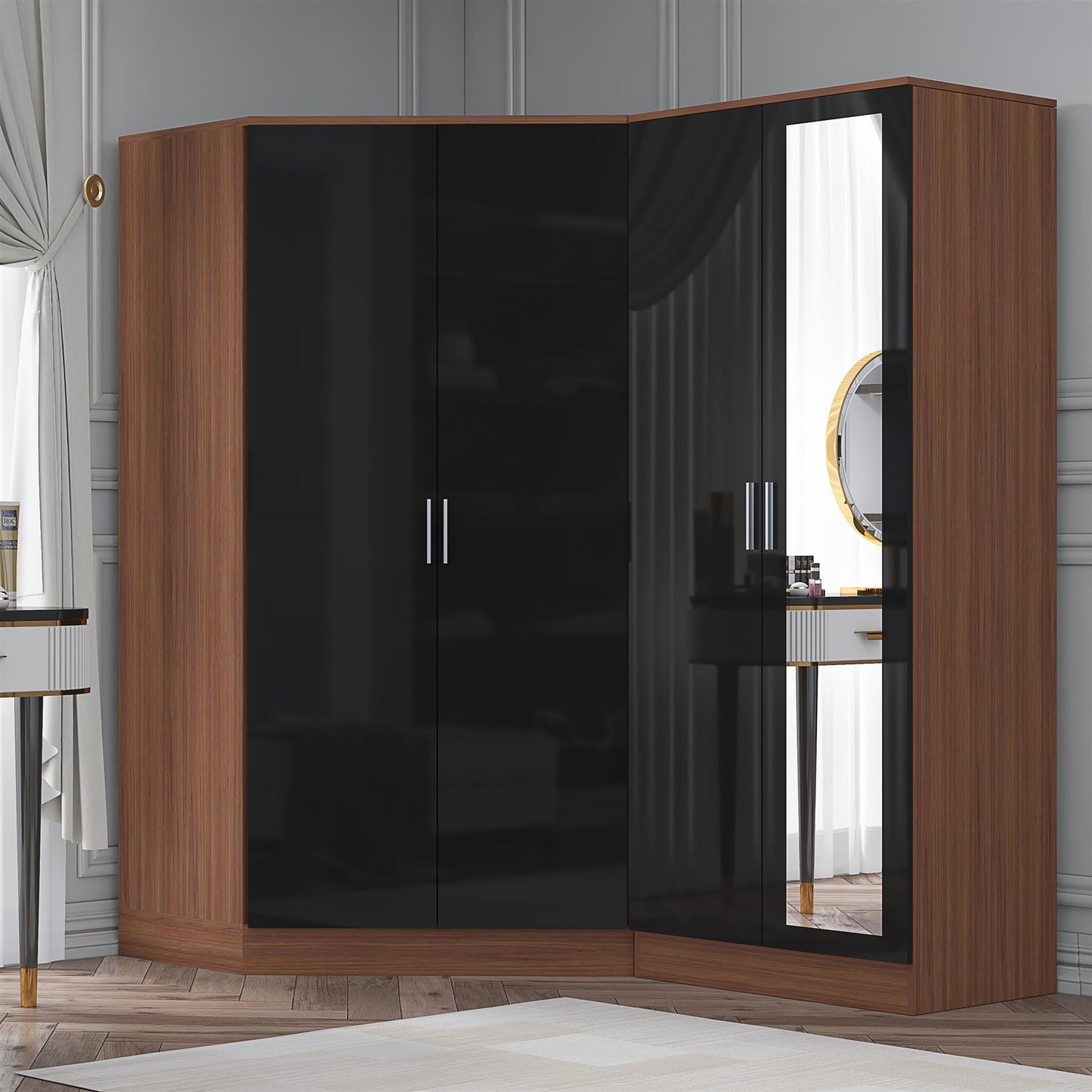 Reflect 2pc Wardrobe Bundle - 2 Door Corner + 2 Door Mirror - Black Gloss & Walnut
