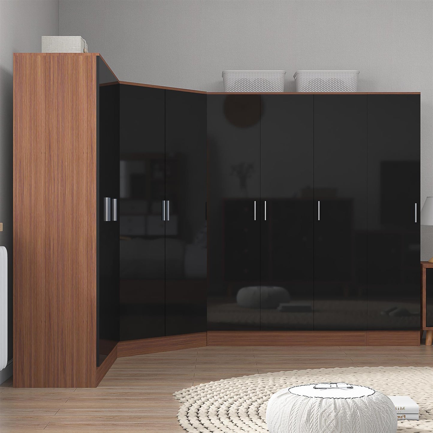 Reflect 4pc Wardrobe Bundle - 2 Door Corner + 2x 3 Door Plain + 1 Door Plain - Black Gloss & Walnut
