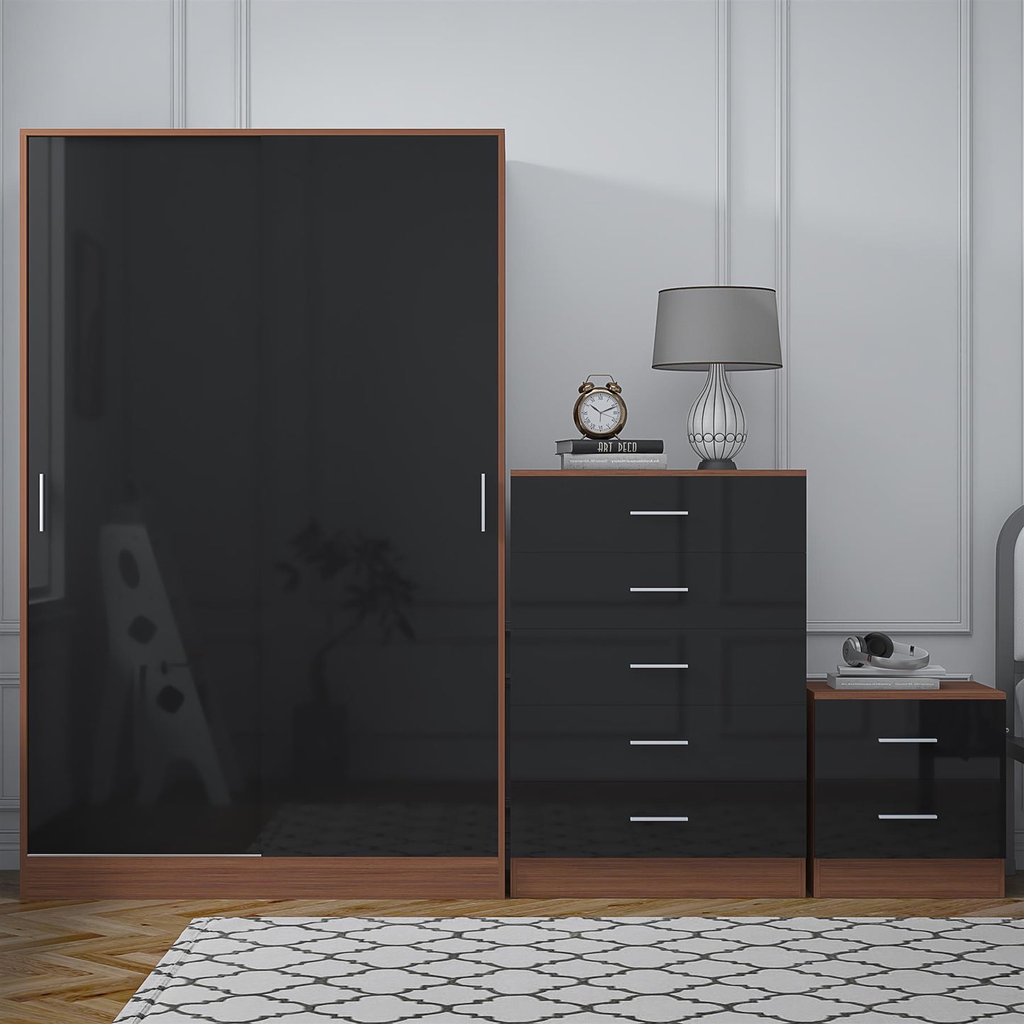 REFLECT Gloss 3pc Set - 2 Door Sliding Wardrobe + 5 Draw Chest + Bedside