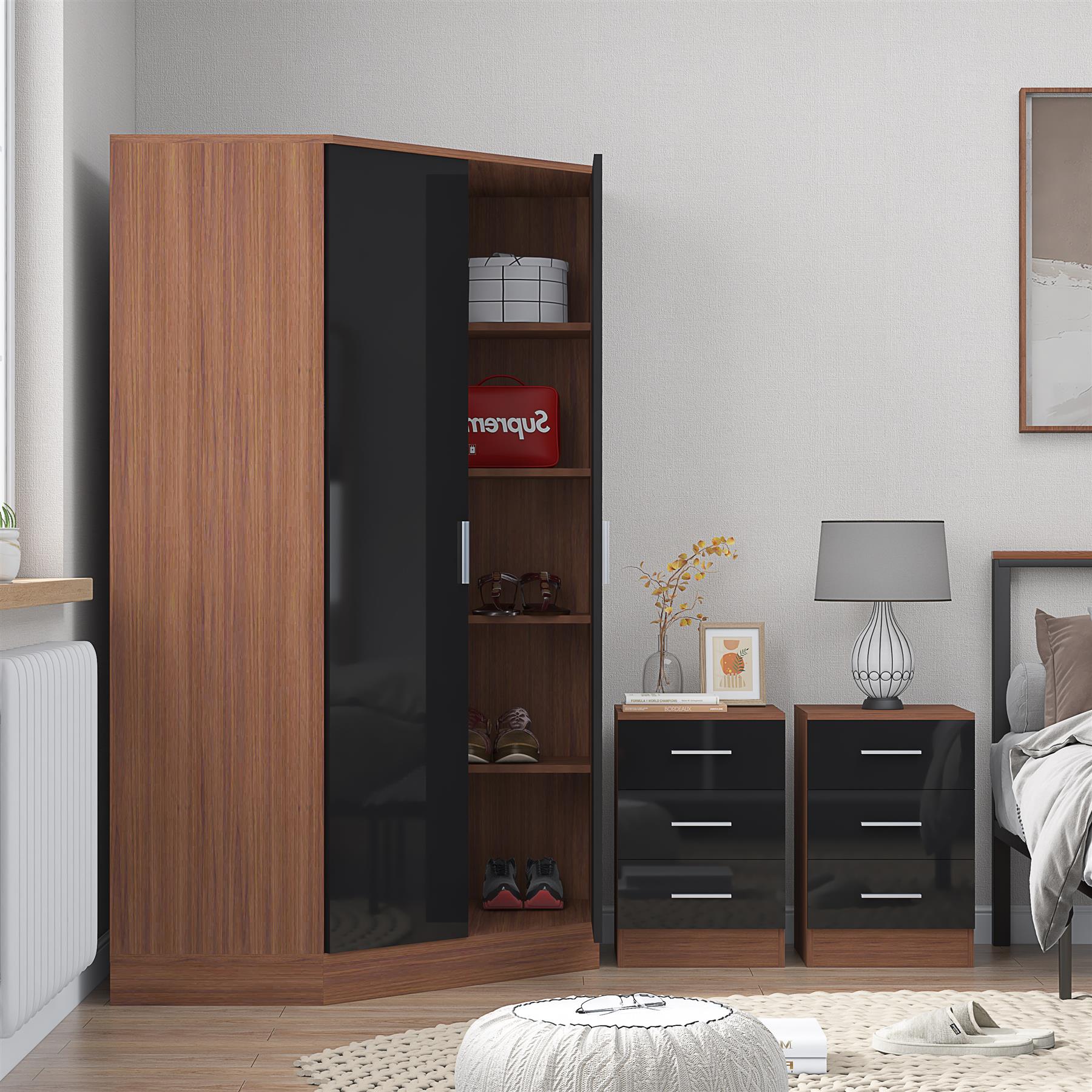 REFLECT - 2 Door CORNER + 2x 3 Drawer Bedside - Gloss Black / Matt Walnut