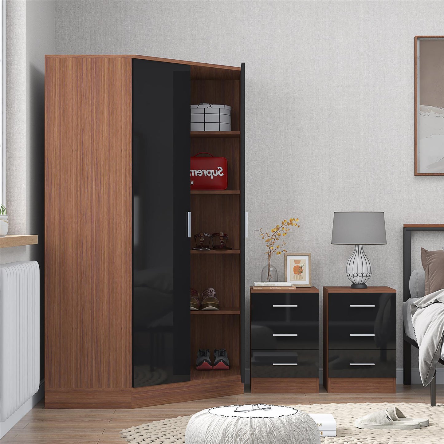 Reflect 3pc Wardrobe Bundle - 2 Door Corner + 2x 3 Drawer Bedsides - Black Gloss & Walnut