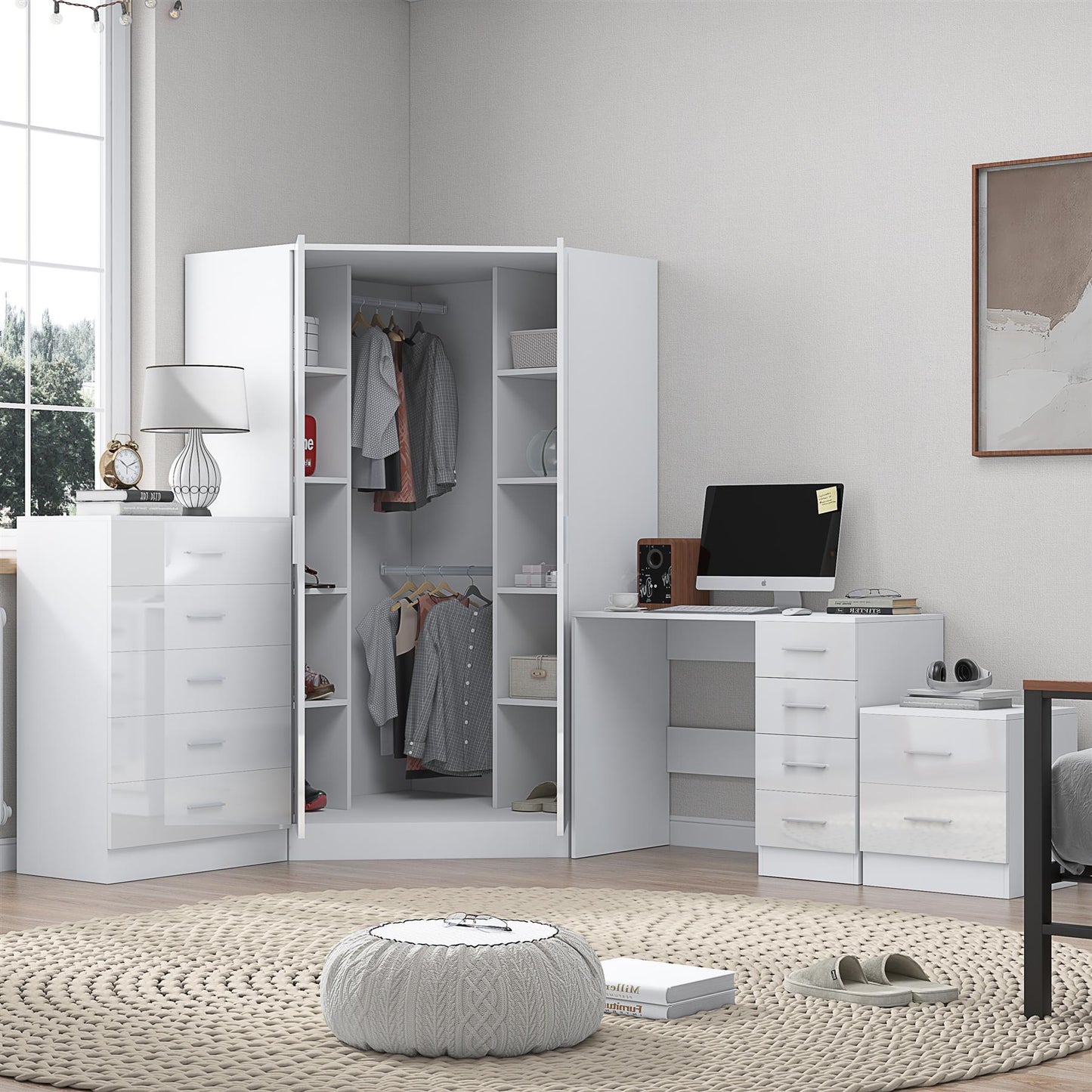 Reflect 2 Door Corner Wardrobe, 5 Drawer Chest, 2 Drawer Bedside & Desk - White Gloss & Matt White - Bedroom Furniture Set