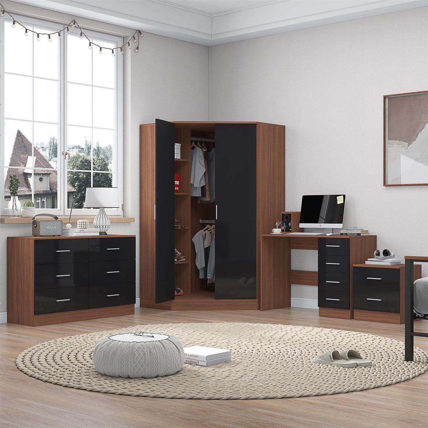 Reflect 2 Door Corner Wardrobe, 6 Drawer Chest, 2 Drawer Bedside & Desk - Black Gloss & Walnut - Bedroom Furniture Set