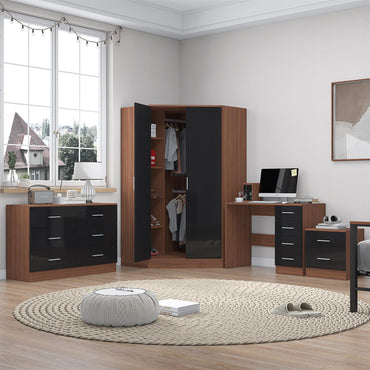 Reflect 2 Door Corner Wardrobe, 6 Drawer Chest, 2 Drawer Bedside & Desk - Black Gloss & Walnut - Bedroom Furniture Set