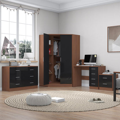 Reflect 2 Door Corner Wardrobe, 6 Drawer Chest, 2 Drawer Bedside & Desk - Black Gloss & Walnut - Bedroom Furniture Set
