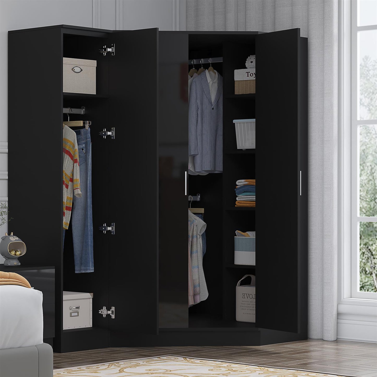 Reflect 2pc Wardrobe Bundle - 2 Door Corner + 1 Door Plain - Black Gloss & Black Oak