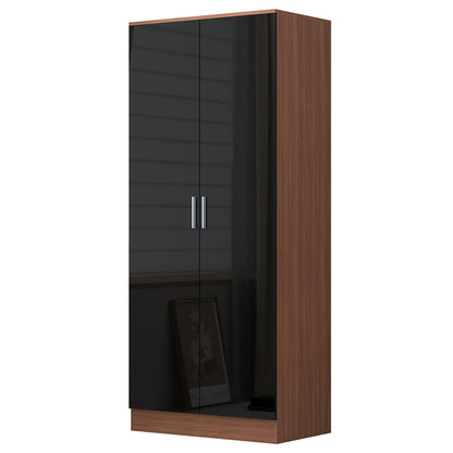 Reflect 2 Door Plain Wardrobe, 5 Drawer Chest, 2 Drawer Bedside & Desk - Black Gloss & Walnut - Modern Bedroom Furniture Set