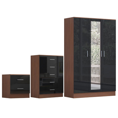 Reflect 3 Door Mirror Wardrobe, 5 Drawer Chest, 2 Drawer Bedside - Black Gloss & Walnut - Modern Bedroom Furniture Set