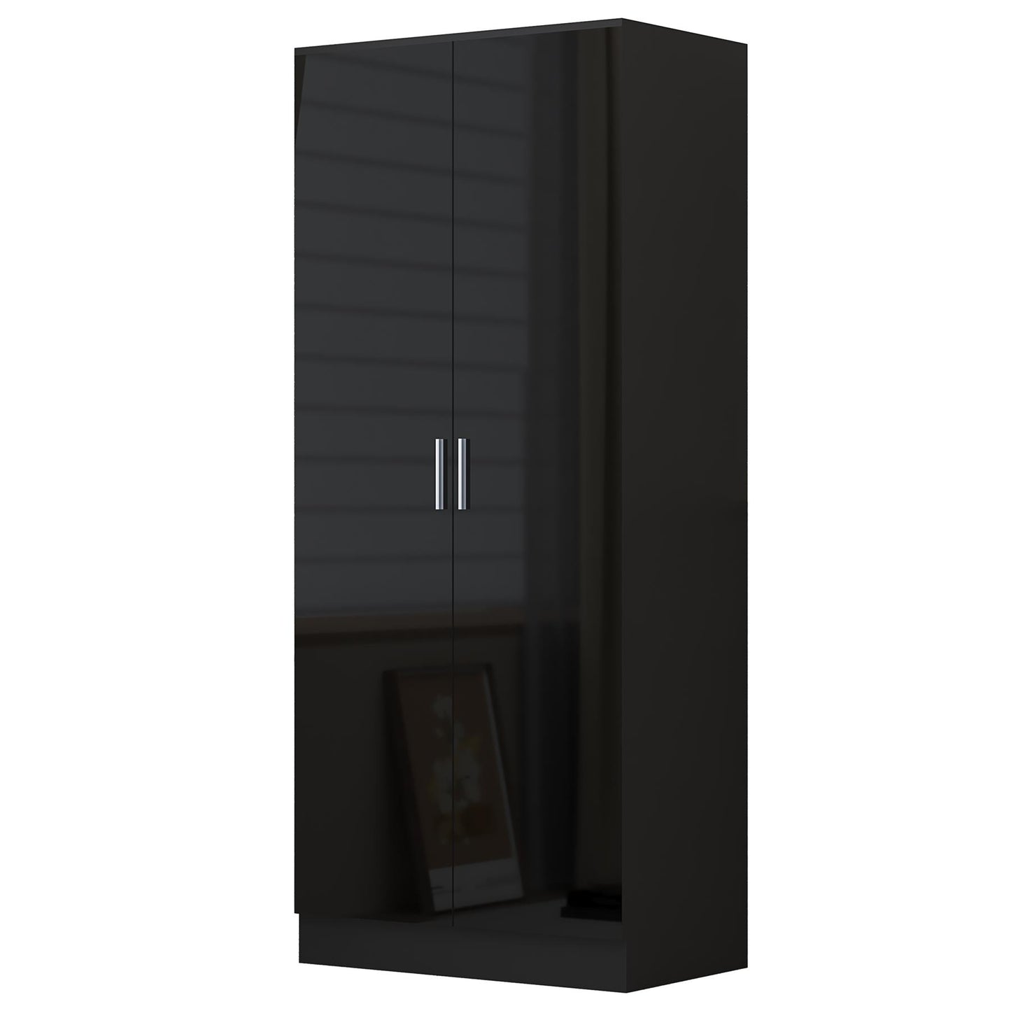 Reflect 2 Door Plain Wardrobe, 5 Drawer Chest, 2 Drawer Bedside & Desk - Black Gloss & Black Oak - Modern Bedroom Furniture Set