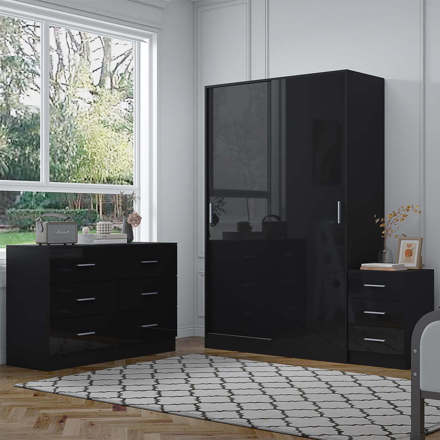 REFLECT Gloss 3pc Set - 2 Door Sliding Wardrobe + Wide Chest + Tall Bedside