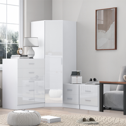 REFLECT - 1 Door Corner + 5 Drawer Chest + 2x 2 Drawer Bedside in Gloss White / Matt White