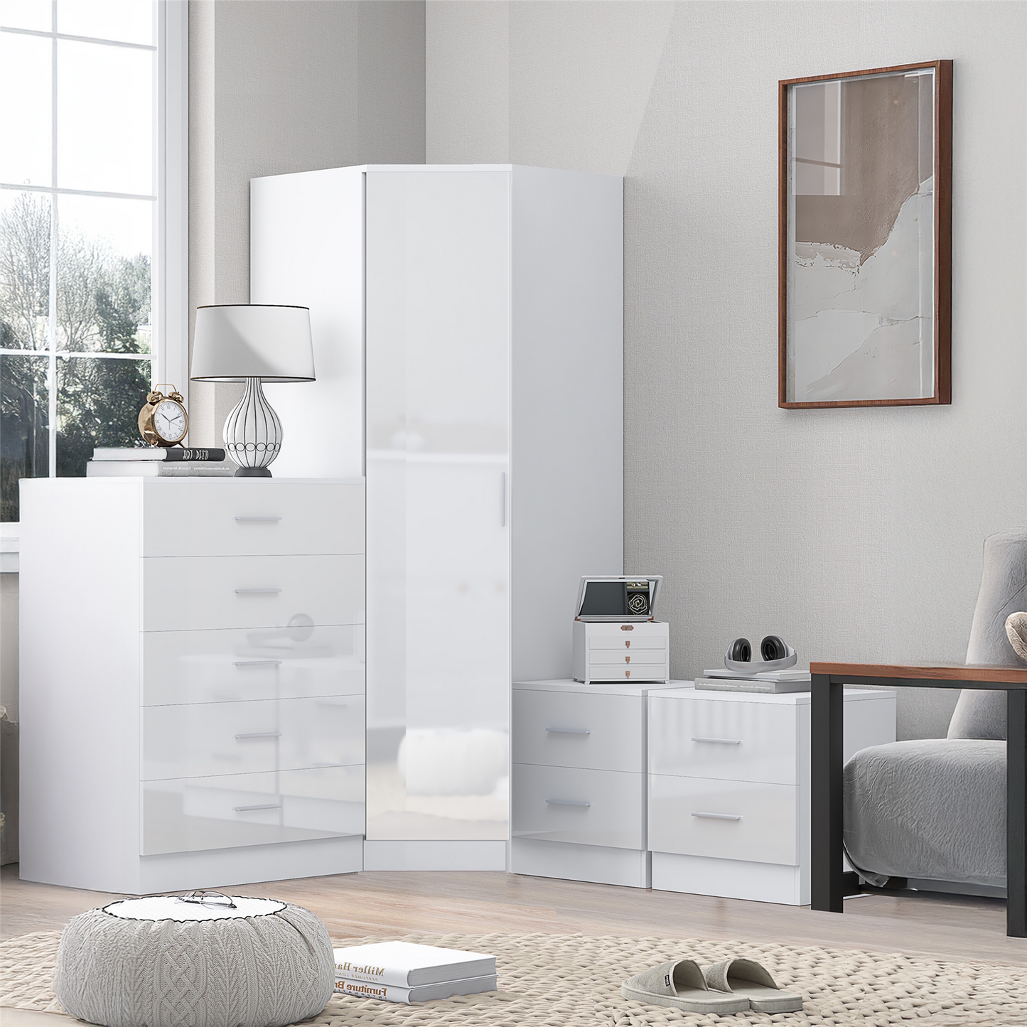 REFLECT 1dr Corner Bedroom Furniture Bundles Chest, Bedsides, Desks - 4 Colours